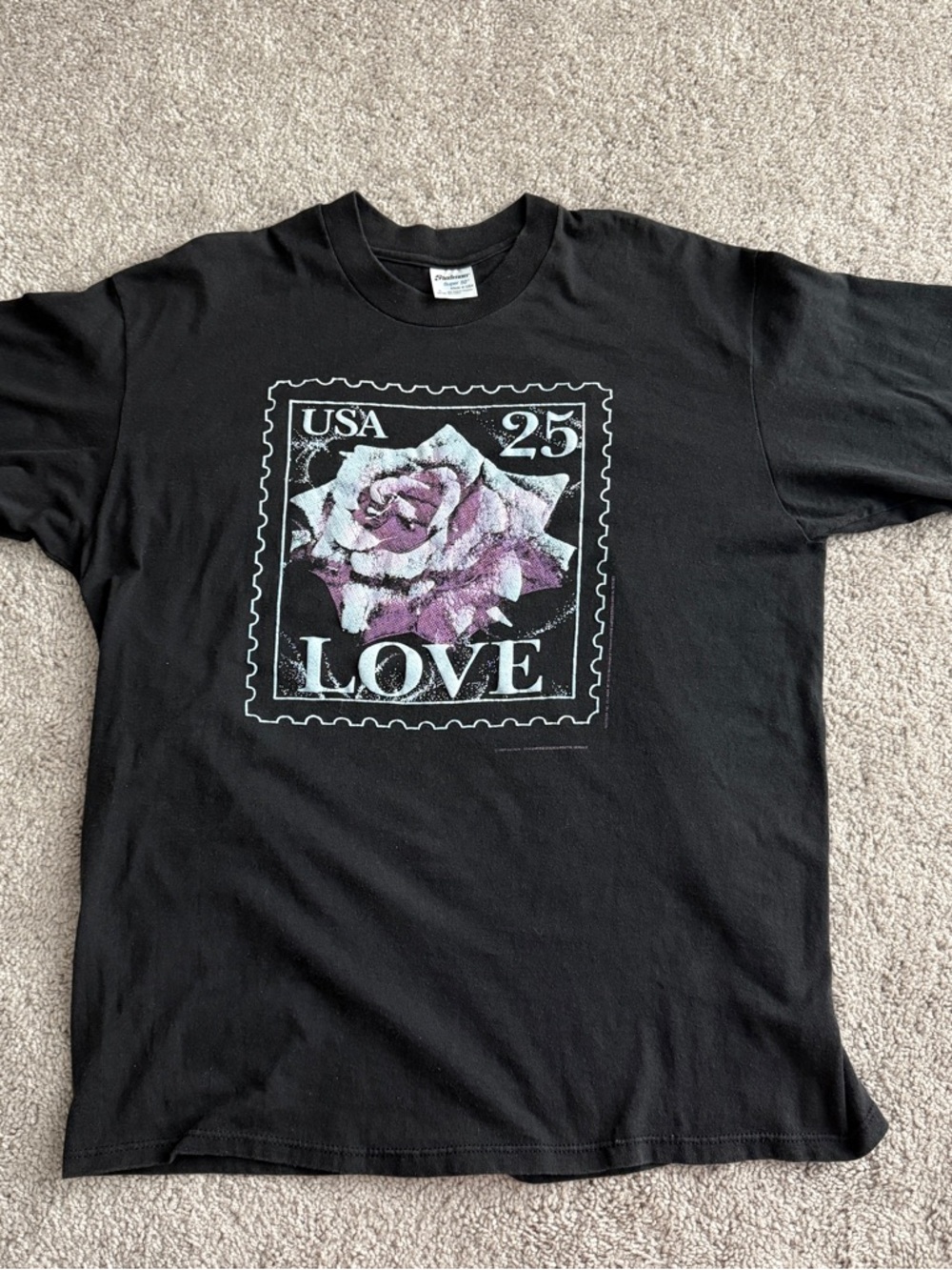 Vintage 90s Love Stamp Rose Tee USA Single Stitch Black XL 21.75x27.5